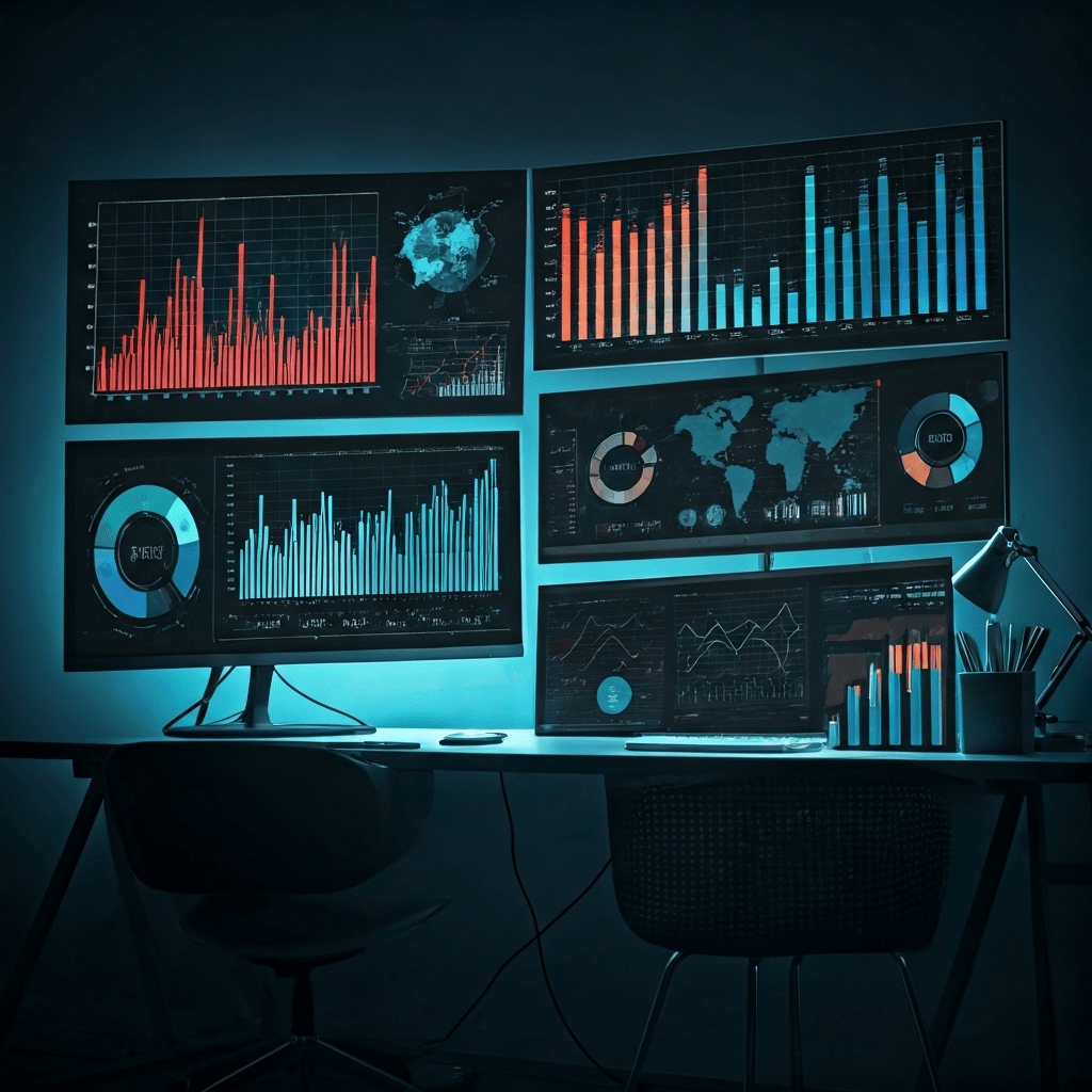 Futuristic workspace with AI SEO analytics